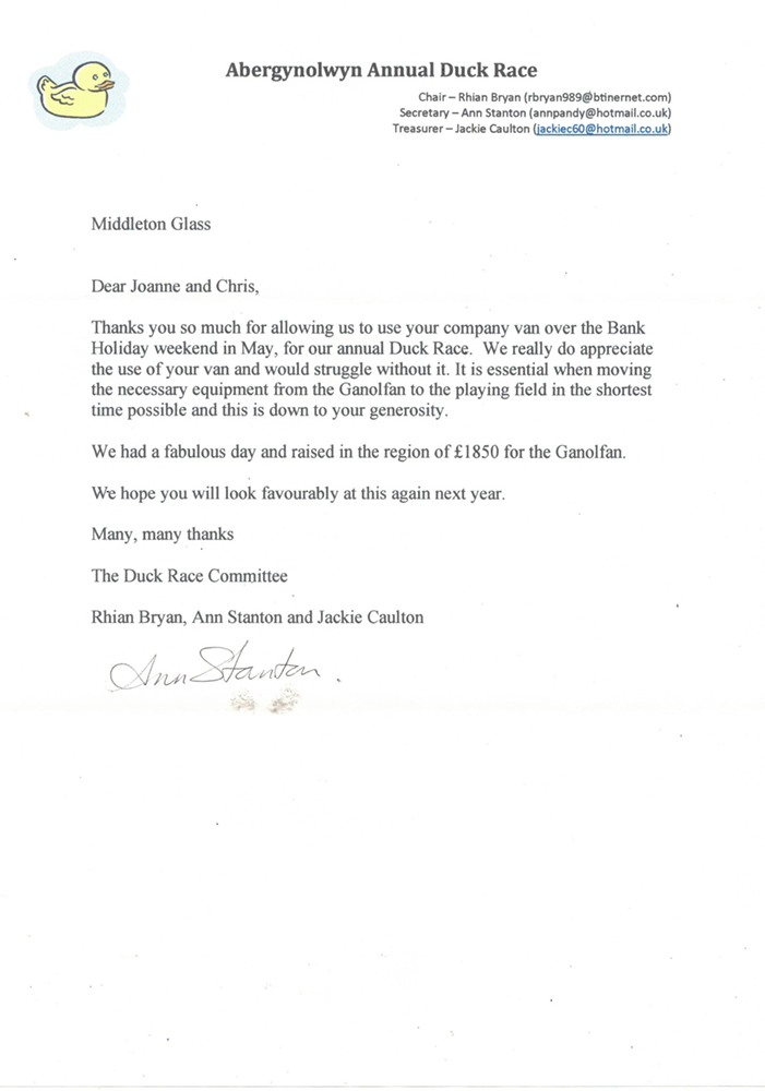 Letter from Duck Race committee thanking Middleton Glass for our support in 2026